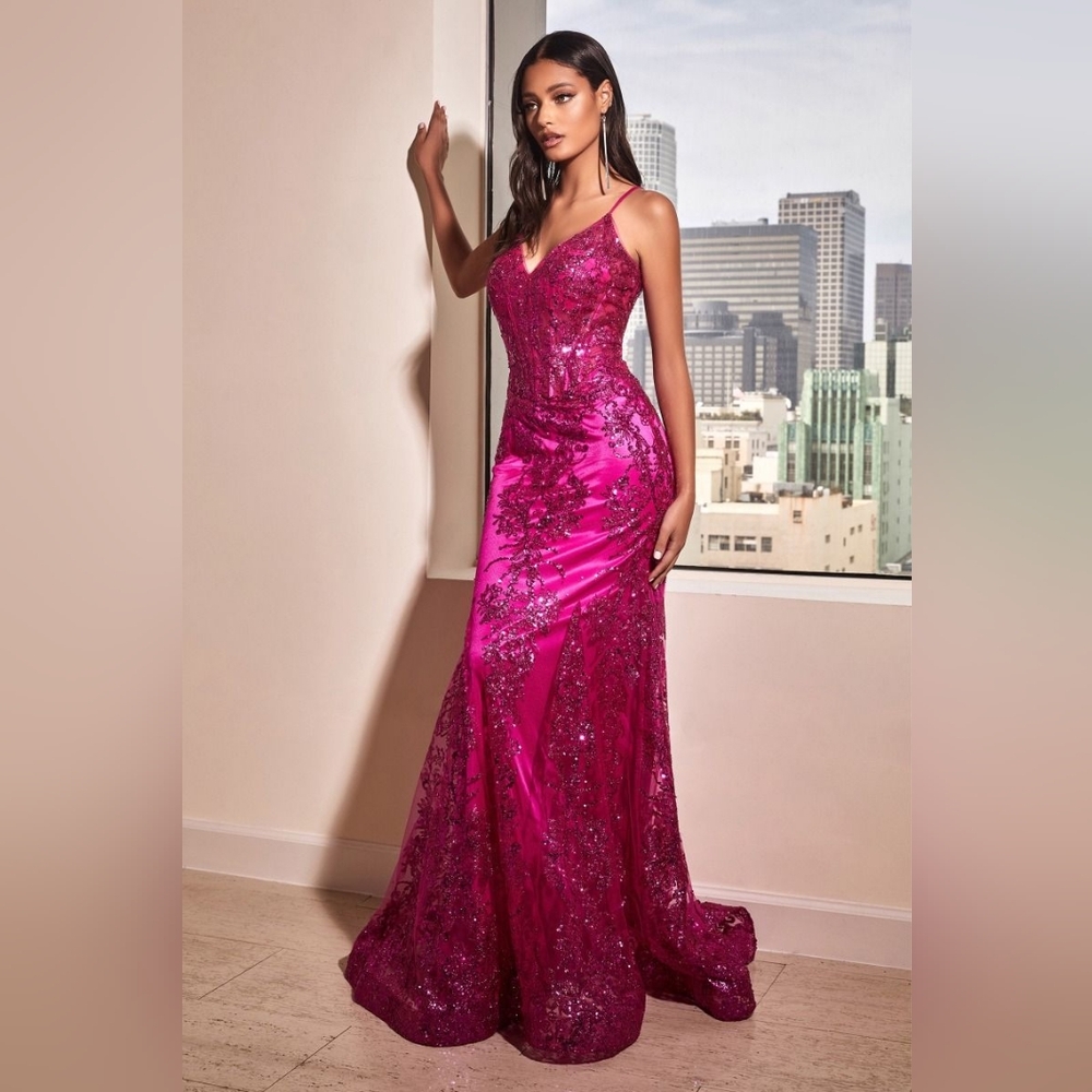 Fitted Floral Glitter Print Corset Gown Magenta J810